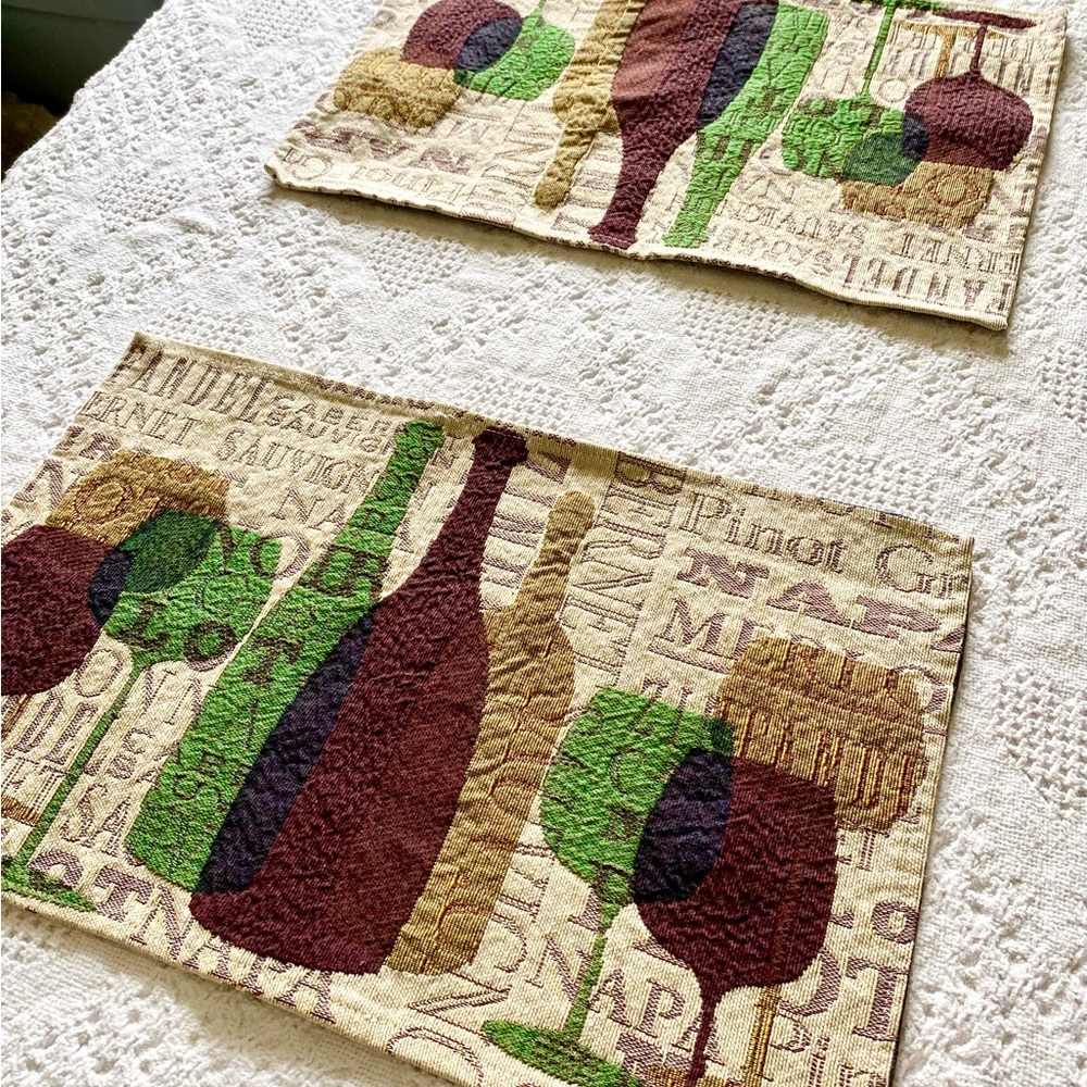 Unique Vintage Wine Bottle and Glass Placemats in Cream, Green, Burgundy, Brown